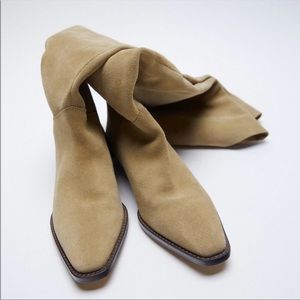 Zara sand brown low heel split Leather hight shaft boots, size 10